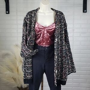 Favlux Confetti Knit Oversized Button Up Cardigan size Medium Black Gold Pink